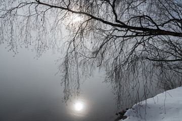 Mystic foggy Winter Morning at Altausseer Lake, Salzkammergut, Austria