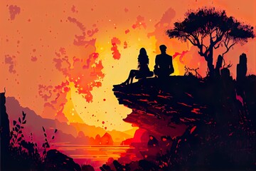 silhouette of a young couple, a group of people sitting on a rock in front of a fire, illustration with world people