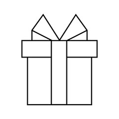 Festive box with a ribbon and a bow is drawn with a black outline isolated on a white background for coloring. 