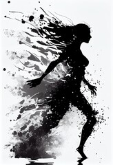 silhouette of a woman with, a person running with a ball, illustration with water liquid