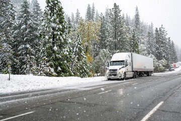 Big rig white semi truck with loaded dry van semi trailer standing on the road shoulder of a winter highway during a snow storm near Shasta Lake in California waiting for favorable weather