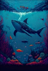 Fototapeta na wymiar underwater world illustration, a large fish in a tank, illustration with water vertebrate