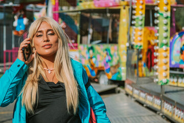 urban style girl talking on the phone in the amusement park