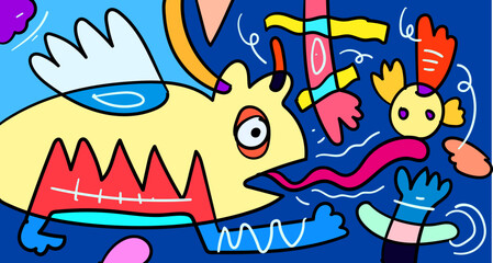 Vector colorful abstract doodle hand drawn monster and animal illustration for digital banner design 2023