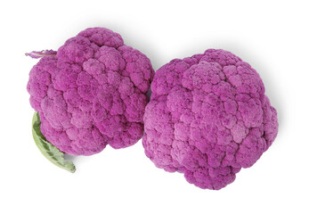 Fresh purple cauliflowers on white background, top view