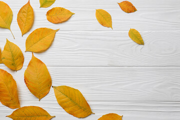 Fototapeta na wymiar Autumn leaves on white wooden table, flat lay. Space for text