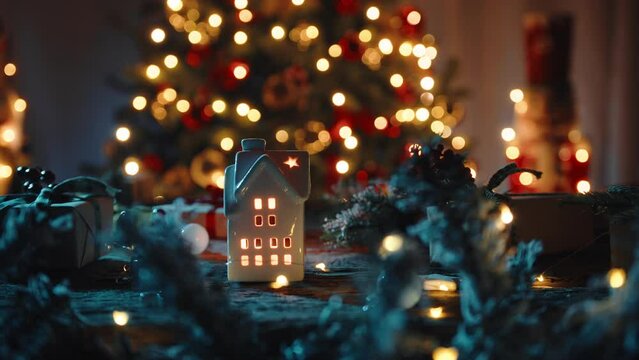 Little house and object in Christmas mood with tree as background