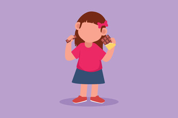 Cartoon flat style drawing of cute little child eat chocolate bar wrapped in package. Adorable girl kid enjoy sweet dessert snack. Favorite yummy treat for children. Graphic design vector illustration