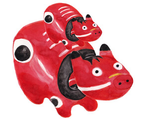 水彩で手描きしたかわいい「赤べこ」親子　日本の福島県民芸品　年賀状に最適　右向き背中乗り　牛のイラスト（透過背景）