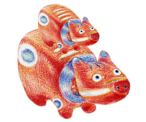 色鉛筆で描いたかわいい「赤べこ」親子　日本の福島県民芸品　年賀状に最適　右向き　牛のイラスト（透過背景）