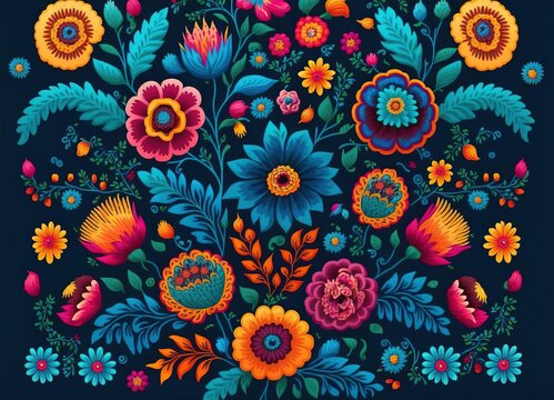 Mexican Florar Textile Printing All Over Pattern, Flat Colors With Generative AI Technology