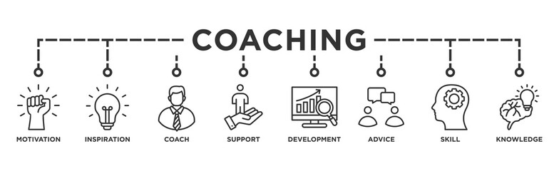 Coaching banner web icon for coaching and success, motivation, inspiration, teaching, coach, learning, knowledge, support and advice. Minimal vector infographic