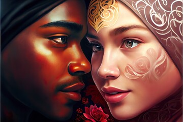 multi racial love and integration, a person with a crown, illustration with lip eyebrow