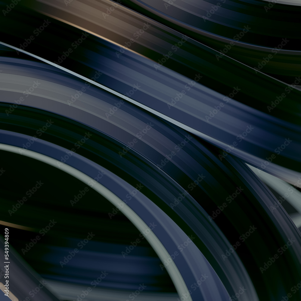 Poster Abstract illustration background of twisted dark geometric shapes with shiny stripes. 3d rendering digital pattern