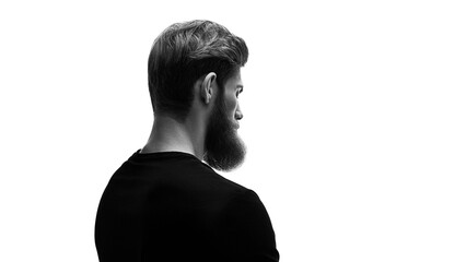Black and white portrait of bearded stylish man turned his back to the camera and looks down. Portrait of a stylish young man isolated on a white background. The back of the head and neck of a bearded