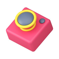Photo camera 3d icon. Volumetric pink gadget with lens and buttons