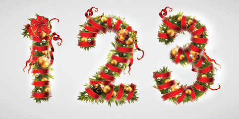Christmas font. Three numbers 123 from Christmas tree branches, decorated with a red ribbon and golden balls. Highly realistic illustration