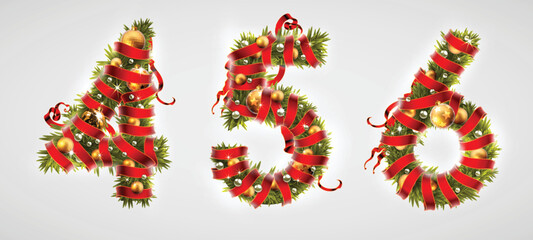 Christmas font. Three numbers  456 from Christmas tree branches, decorated with a red ribbon and golden balls. Highly realistic illustration