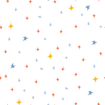 Seamless pattern with hand doodle stars vector illustration isolated on white background. Blue, red and yellow hand drawn childish stars. Scandinavian flat style 