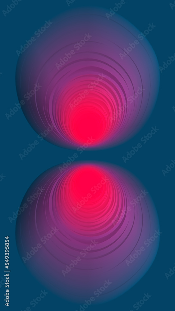 Poster magical digital illustration, bright red light at end of tunnel of dark blue shifted circles. 3d ren