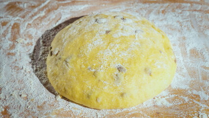 The dough is rising, dough with raisins for homemade baking