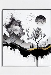 ink landscape decoration illustration abstract, a drawing of a tree, illustration with organism tree