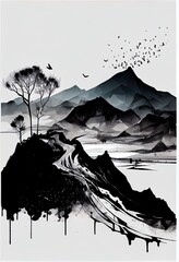 ink landscape decoration illustration abstract, a black and white drawing of a mountain and trees, illustration with mountain sky