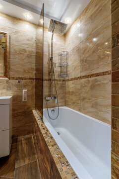 Modern small bathroom interior design. Ocher style