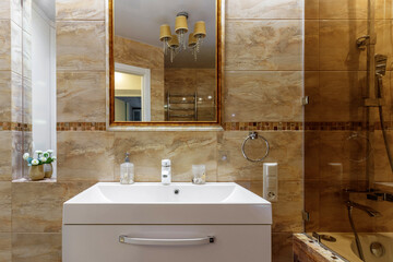 Modern small bathroom interior design. Ocher style
