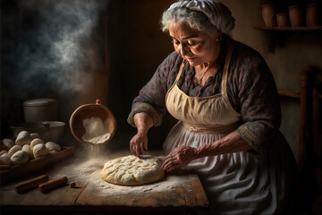 AI generated image of a grandma baker at work during Renaissance or Medieval times in Europe  - obrazy, fototapety, plakaty
