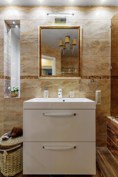 Modern small bathroom interior design. Ocher style