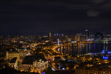 Night city view and sea line, Baku