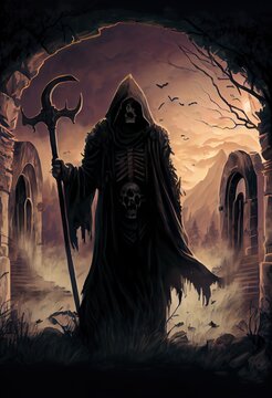 grim reaper with haunted, creepy, a person in a garment, illustration with nature world