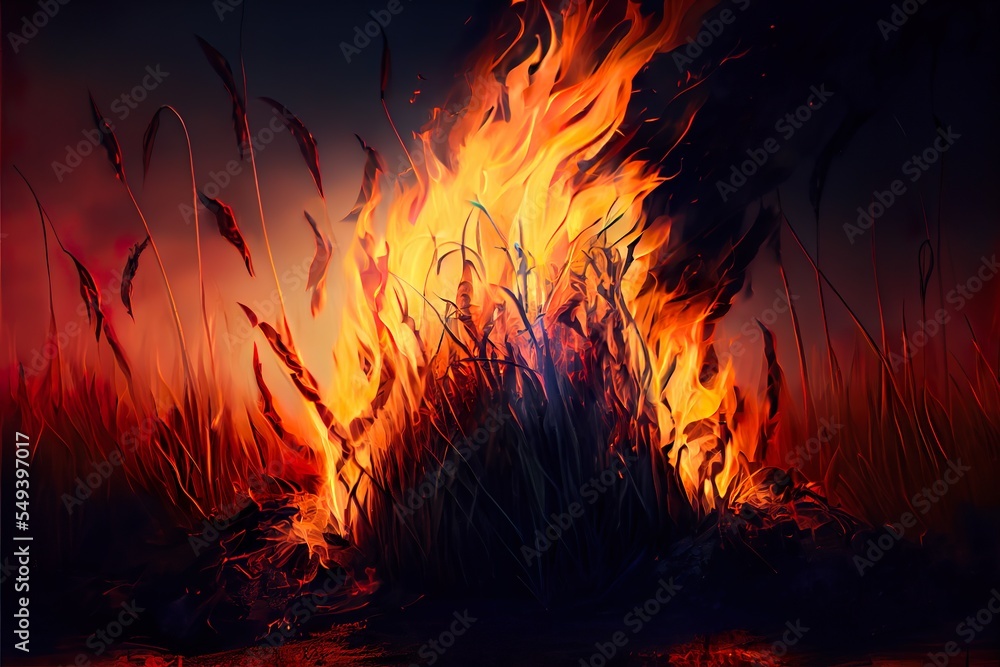 Sticker grass on the background of, a close-up of a fire, illustration with bonfire sky