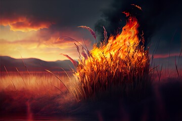 grass on the background of, a fire in a field, illustration with sky atmosphere