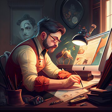 graphic designer working illustration, a person writing on a piece of paper, illustration with desk art