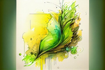 fresh green and yellow watercolor, a plant with water drops on it, illustration with art paint