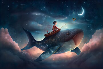 fantasy of little boy riding, a person in a boat in space, illustration with atmosphere water