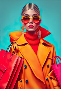fashion women hold purchases on, a woman wearing a garment, illustration with outerwear sunglasses