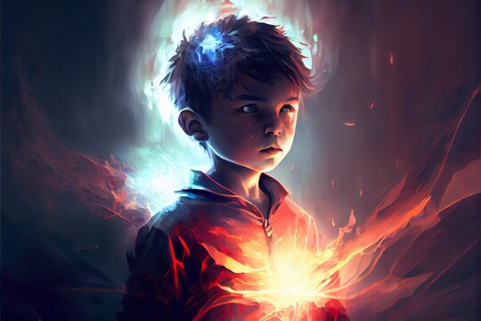 fantasy scene of the young, a boy with fire in his mouth, illustration with light flash