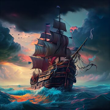 fantasy pirate ship on ocean, a spaceship in space, illustration with cloud water