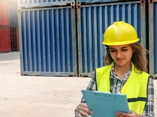 A female worker in helmets and uniforms review reports at a freight container shipping company.