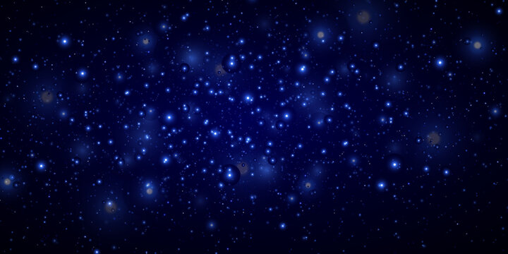 Blue stars, bokeh, sparkles glitter on a black background. Beautiful space, galaxy