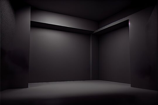 empty black studio room. dark, a dark room with a bed, illustration with grey shade