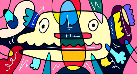 Vector colorful abstract doodle hand drawn monster and animal illustration for digital banner design 2023