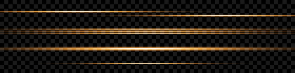 Set of golden horizontal highlights, lines. Laser beams, horizontal beams of light. Beautiful light flashes. Glowing stripes on a transparent background. Glowing abstract sparkling background. - obrazy, fototapety, plakaty