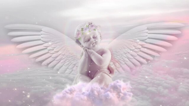 Baby Angel figurine sitting on a fluffy cloud 3D illustration, Meditation Animation