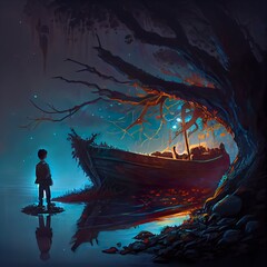 dark - fantasy scene of, a person standing on a rock in front of a cave with a boat, illustration with water world
