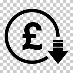 Cost reduction- decrease pound icon. Vector symbol isolated on background