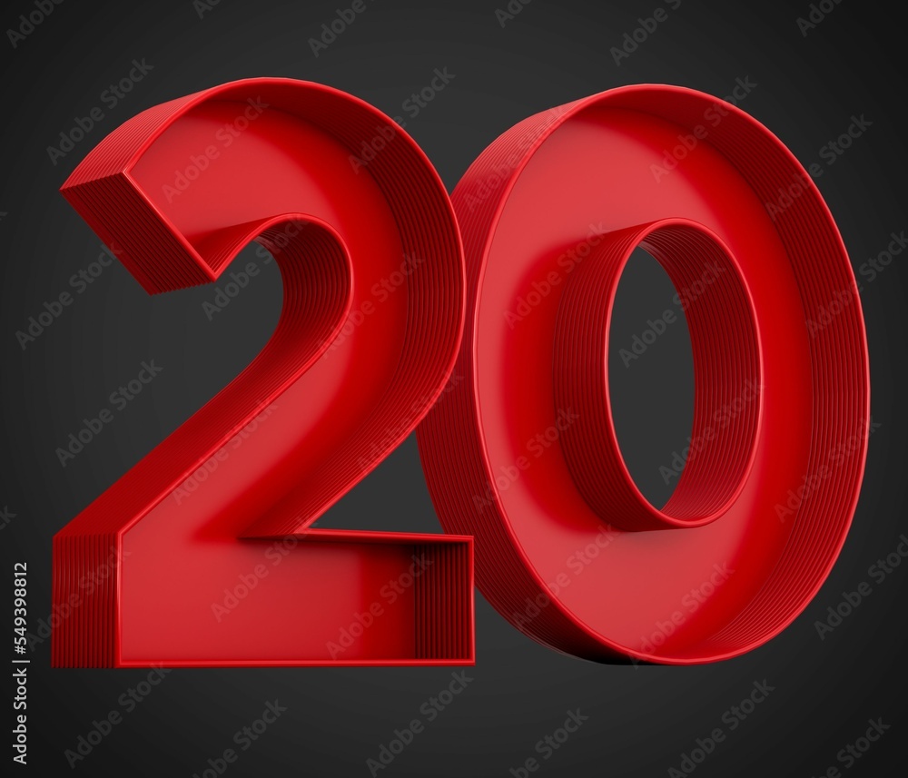 Poster 3d rendering of the number twenty in red over the black background - 20 icon